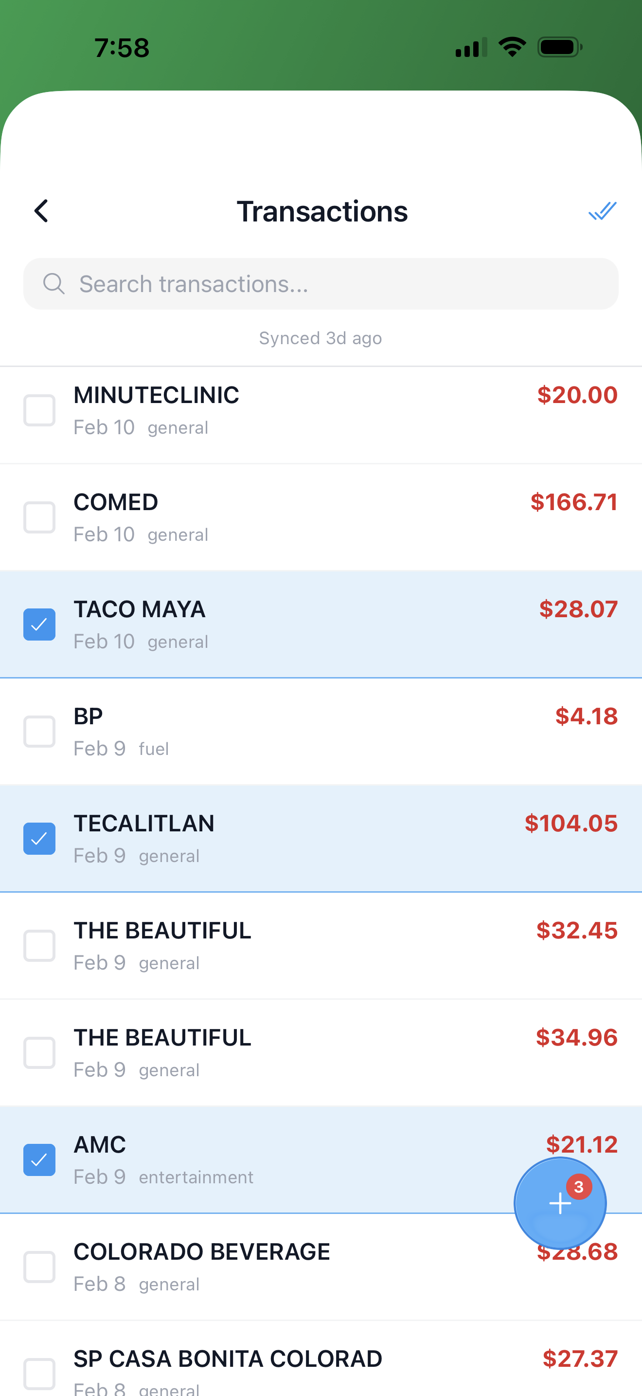 Transaction list with multiple items selected for import